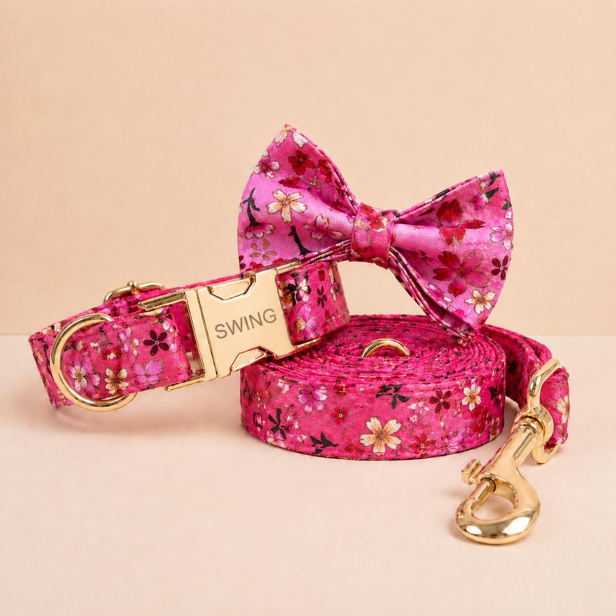 Japanese Floral Dog Collar, Personalized Engraved Name Pet Collar, Cherry Blossom Collar with Leash & Bow Tie, Asian Floral Puppy Collar