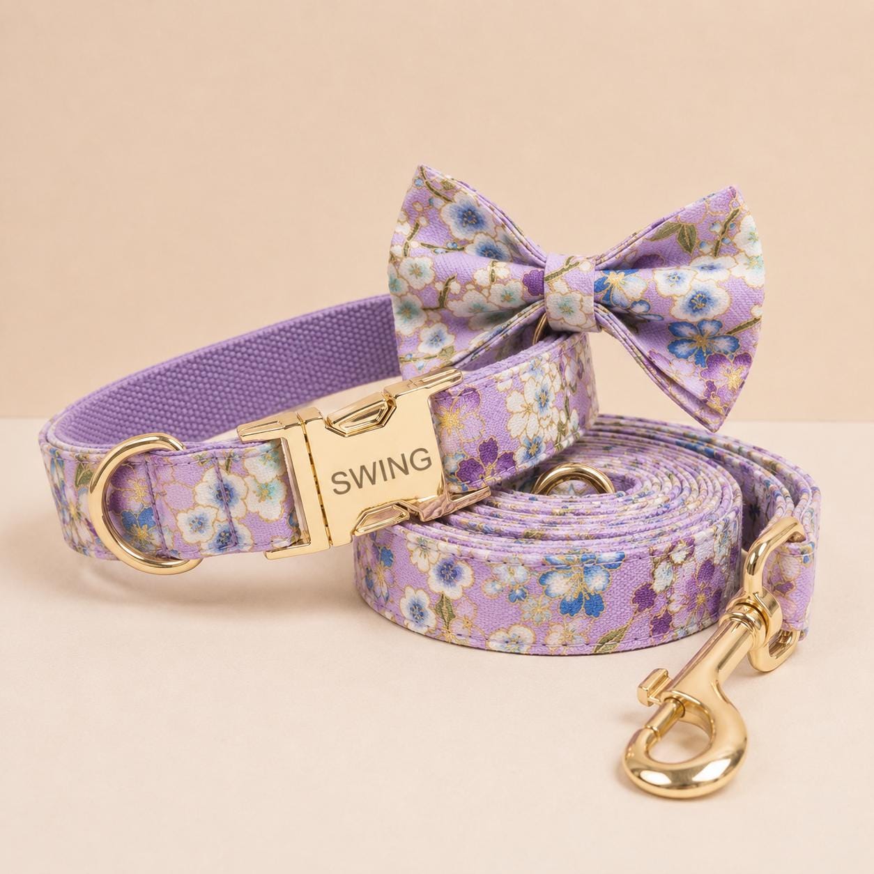 Japanese Floral Dog Collar, Personalized Engraved Name Pet Collar, Cherry Blossom Collar with Leash & Bow Tie, Asian Floral Puppy Collar