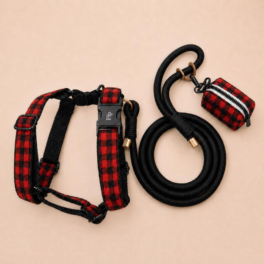 Buffalo Plaid Dog Harness Personalized, Custom Name Collar Leash Set, Red Black Check Walking Set, Different Combo