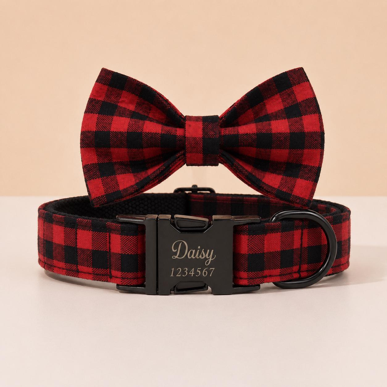 Buffalo Plaid Dog Harness Personalized, Custom Name Collar Leash Set, Red Black Check Walking Set, Different Combo