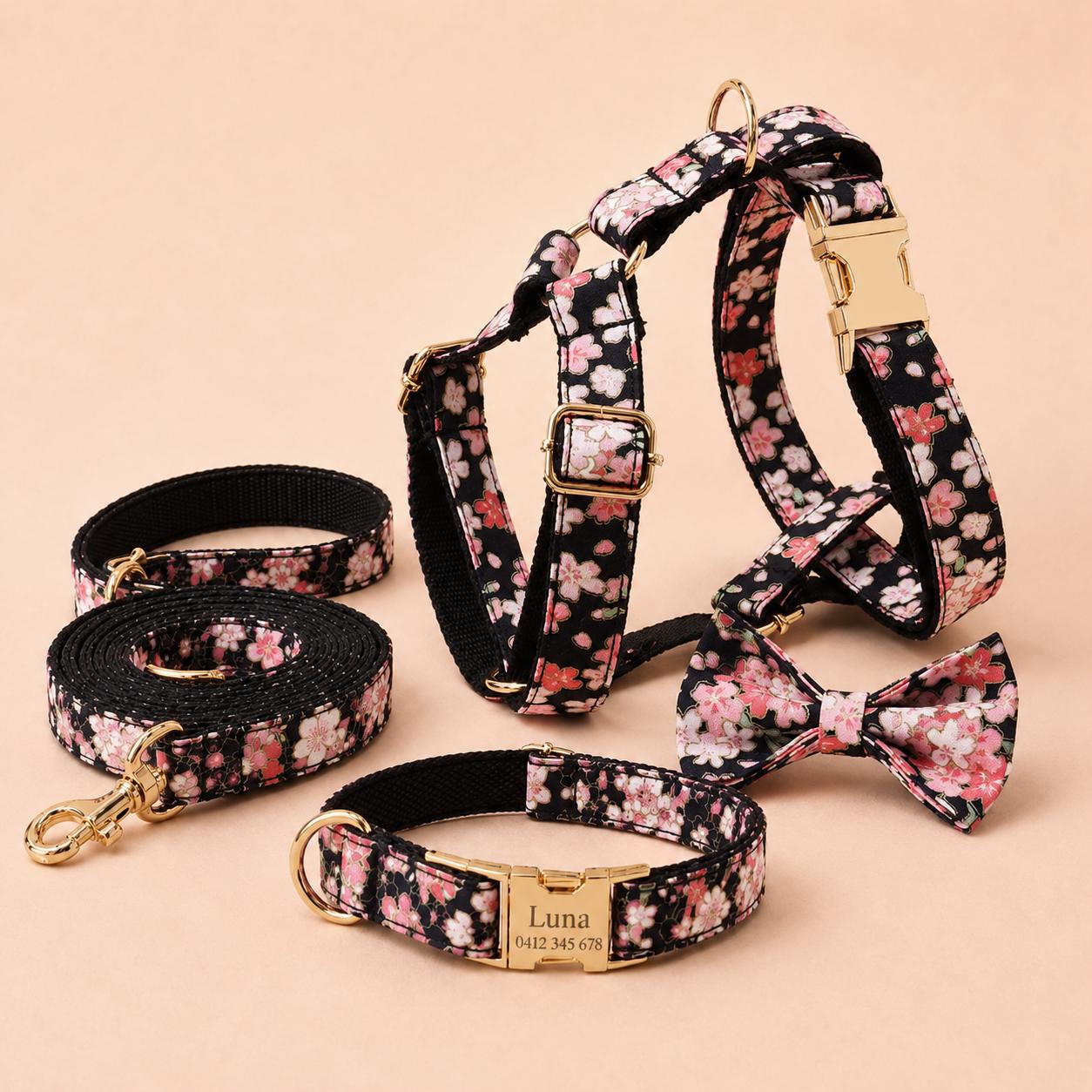 Black Floral Dog Harness, Custom Name Collar Optional Matching Leash Bow | Mix & Match 7-Piece Set XS S M L XL