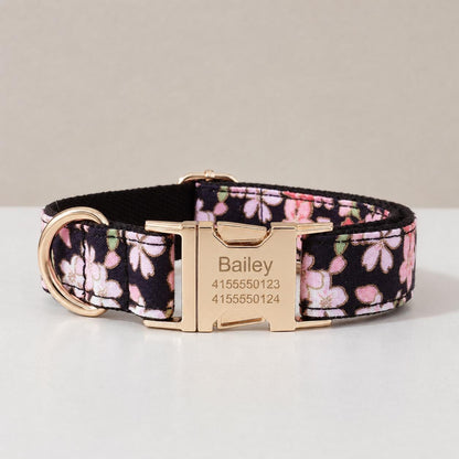 Black Floral Dog Harness, Custom Name Collar Optional Matching Leash Bow | Mix & Match 7-Piece Set XS S M L XL