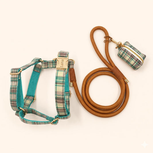 Personalized Teal Blue Green Plaid Dog Harness Optional Set, Custom Name Collar Rope Leash, Tartan Check XS-XL