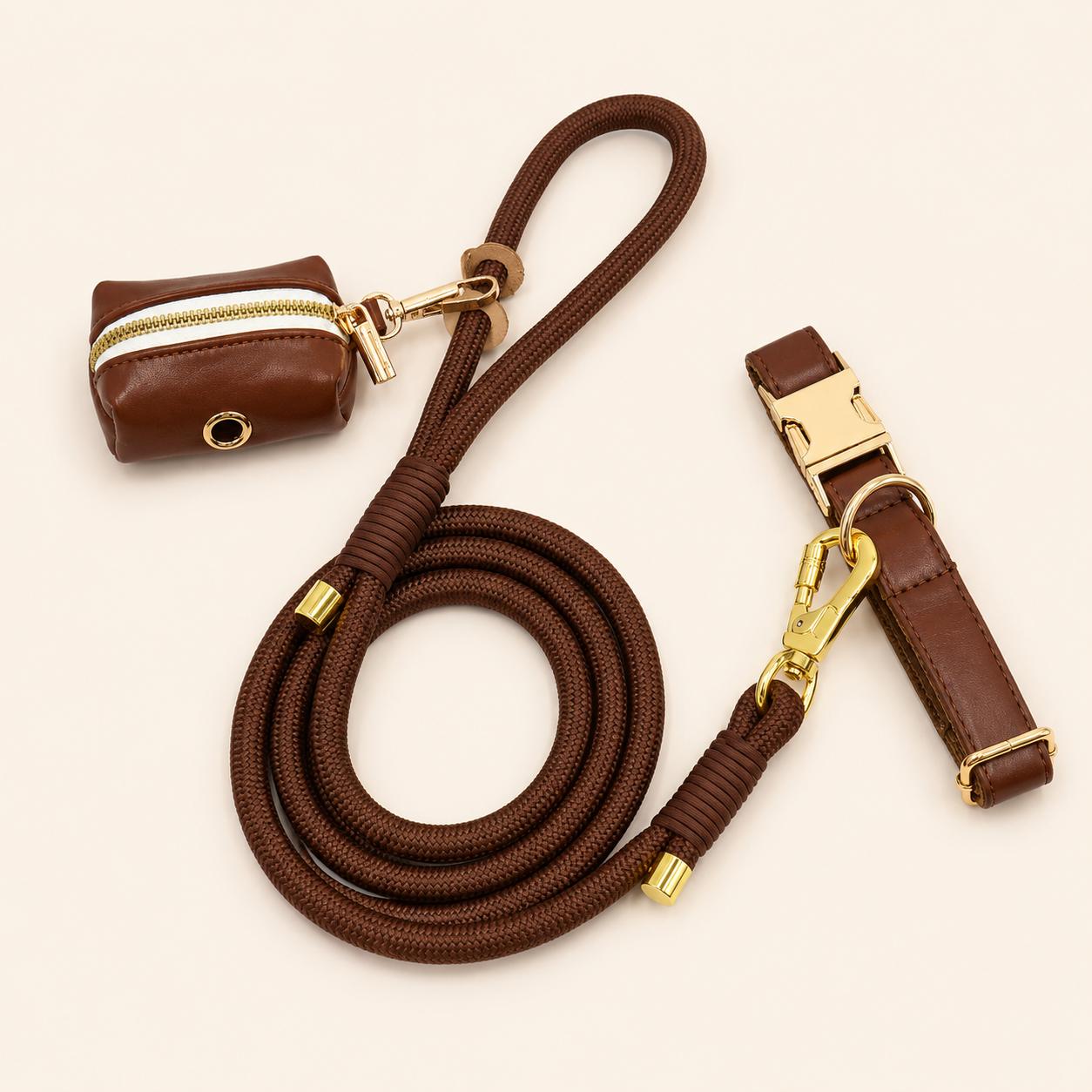 PU Leather Dog Collar, Custom AirTag Holder, Engraved Name, Rope Leash, Poop Bag, Dog Walking Set Gift, Black|Red|Green|Brown