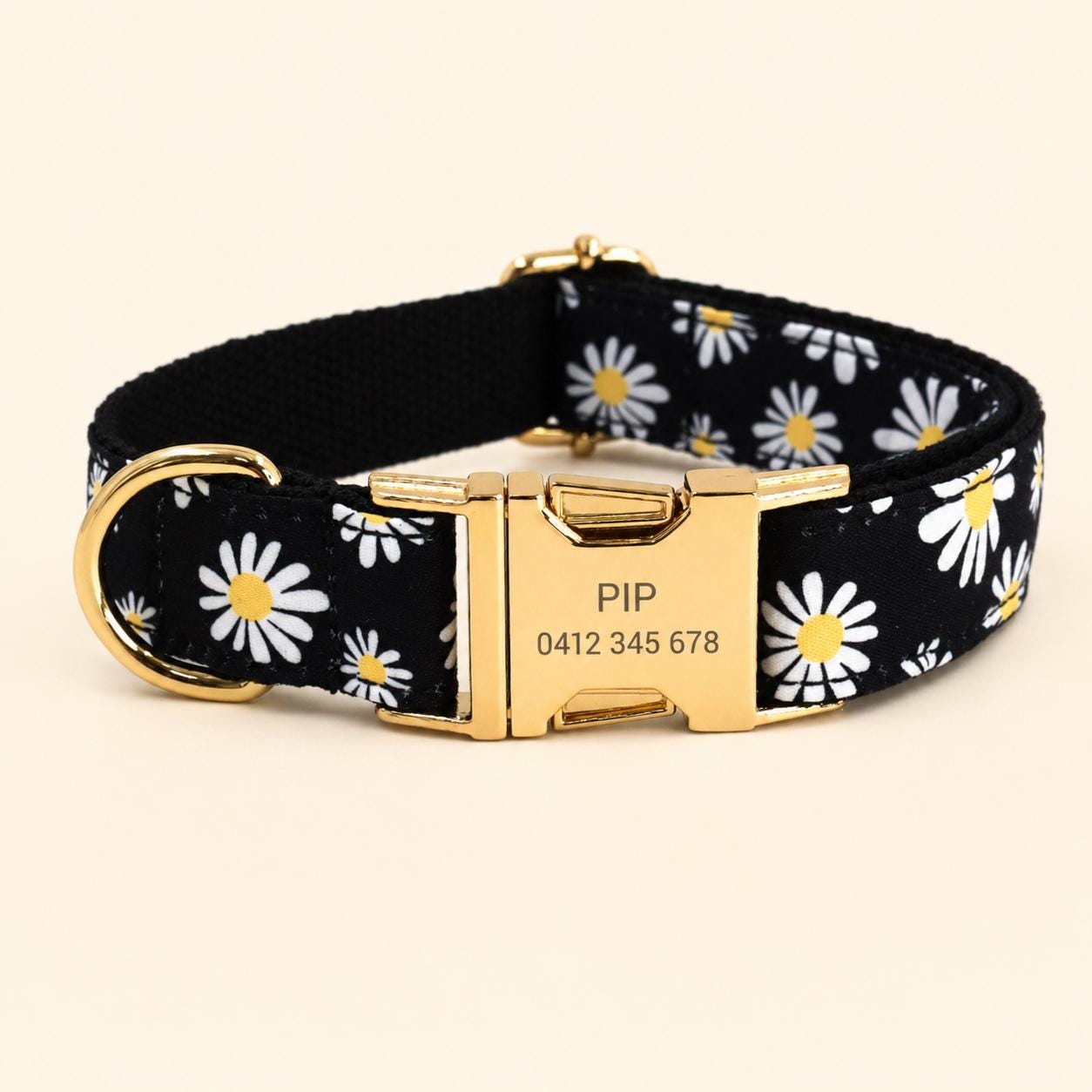 Personalized Black Daisy Dog Harness | Custom Name Collar Leash Bowtie Poop Bag | Mix & Match Walking Set | Floral Print XS-XL
