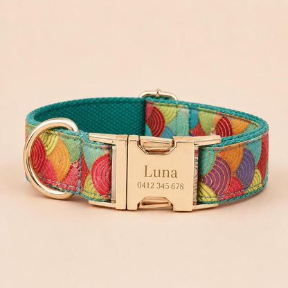 Green Japanese Wave Dog Harness, Custom Name Collar Optional Matching Leash Bow | Gold Buckle Mix & Match Set XS S M L XL