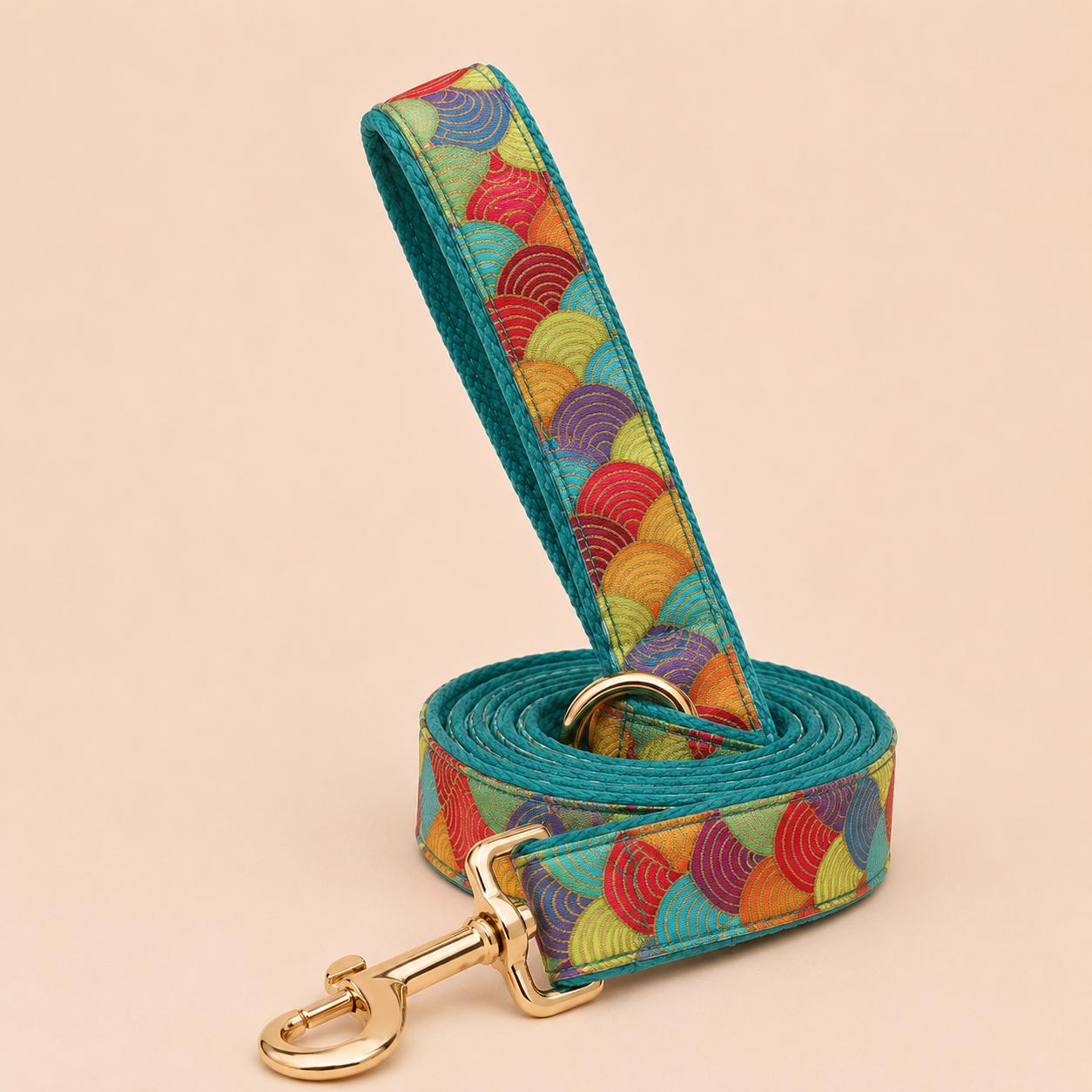 Green Japanese Wave Dog Harness, Custom Name Collar Optional Matching Leash Bow | Gold Buckle Mix & Match Set XS S M L XL