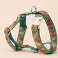 Green Japanese Wave Dog Harness, Custom Name Collar Optional Matching Leash Bow | Gold Buckle Mix & Match Set XS S M L XL