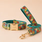 Green Japanese Wave Dog Harness, Custom Name Collar Optional Matching Leash Bow | Gold Buckle Mix & Match Set XS S M L XL