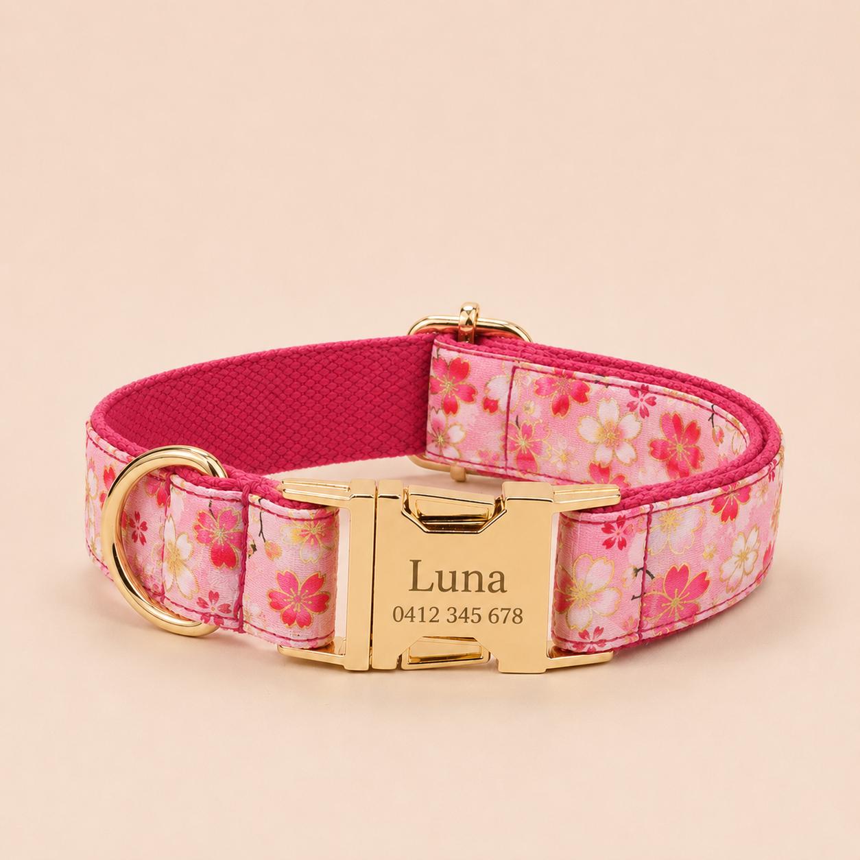 Pink Sakura Dog Harness, Personalised Name Collar Optional Matching Leash Bow | Gold Buckle Mix & Match Set XS S M L XL
