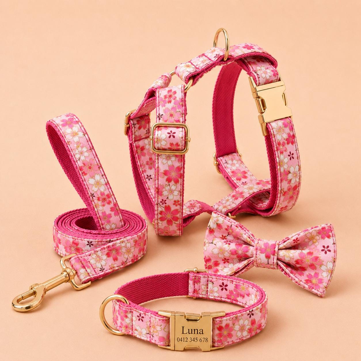Pink Sakura Dog Harness, Personalised Name Collar Optional Matching Leash Bow | Gold Buckle Mix & Match Set XS S M L XL