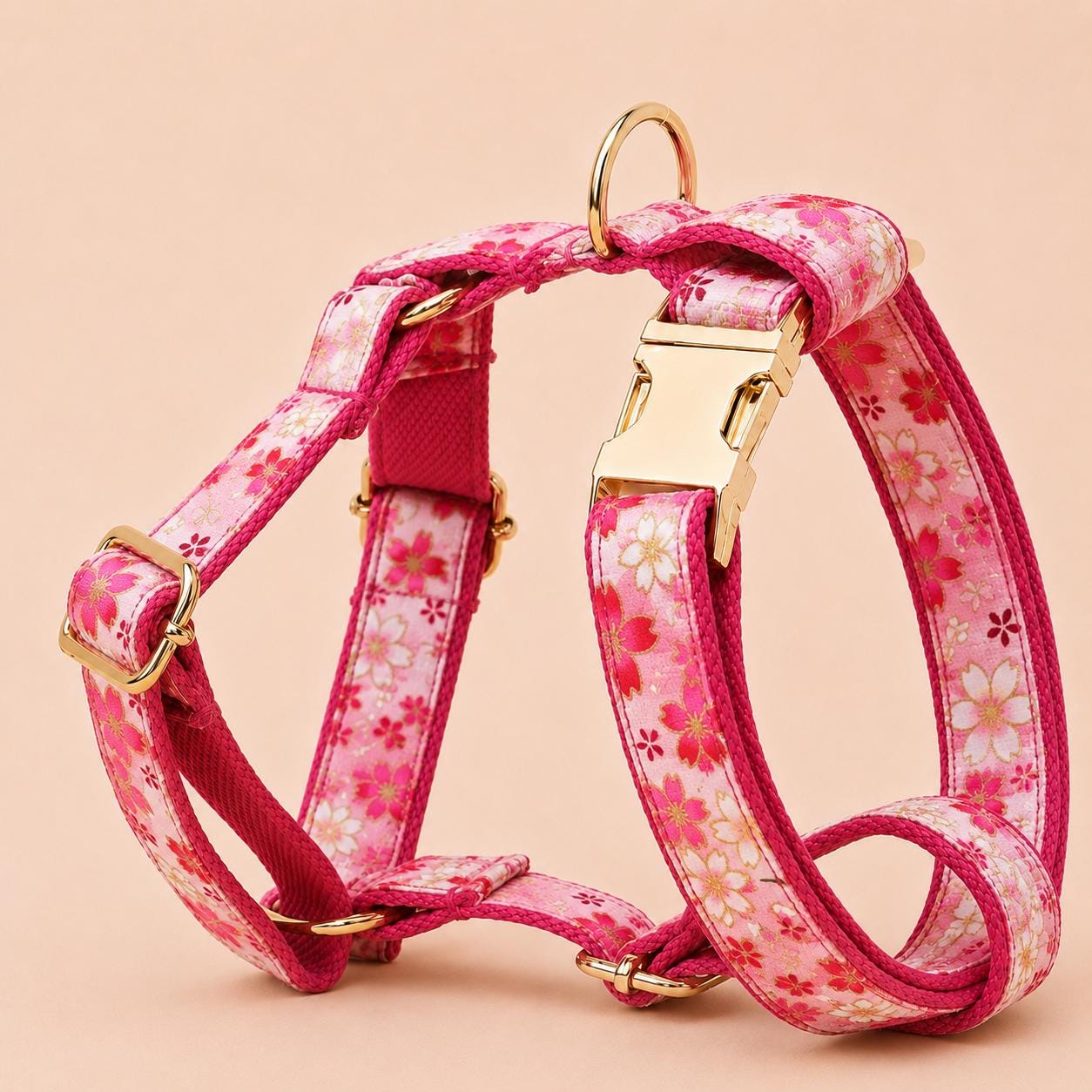 Pink Sakura Dog Harness, Personalised Name Collar Optional Matching Leash Bow | Gold Buckle Mix & Match Set XS S M L XL