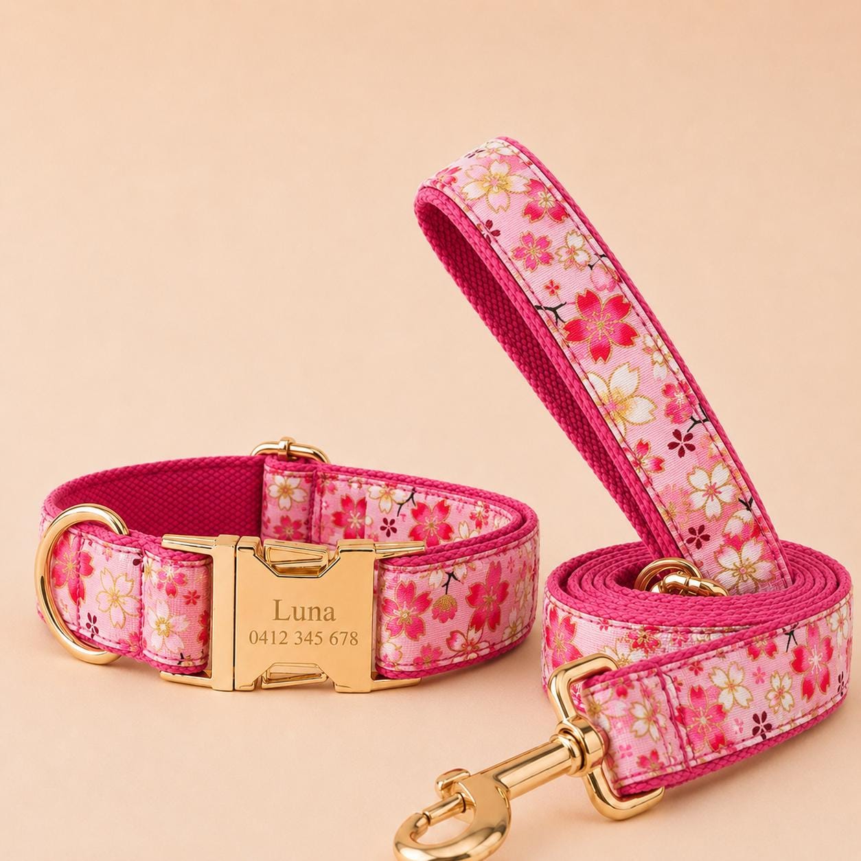Pink Sakura Dog Harness, Personalised Name Collar Optional Matching Leash Bow | Gold Buckle Mix & Match Set XS S M L XL