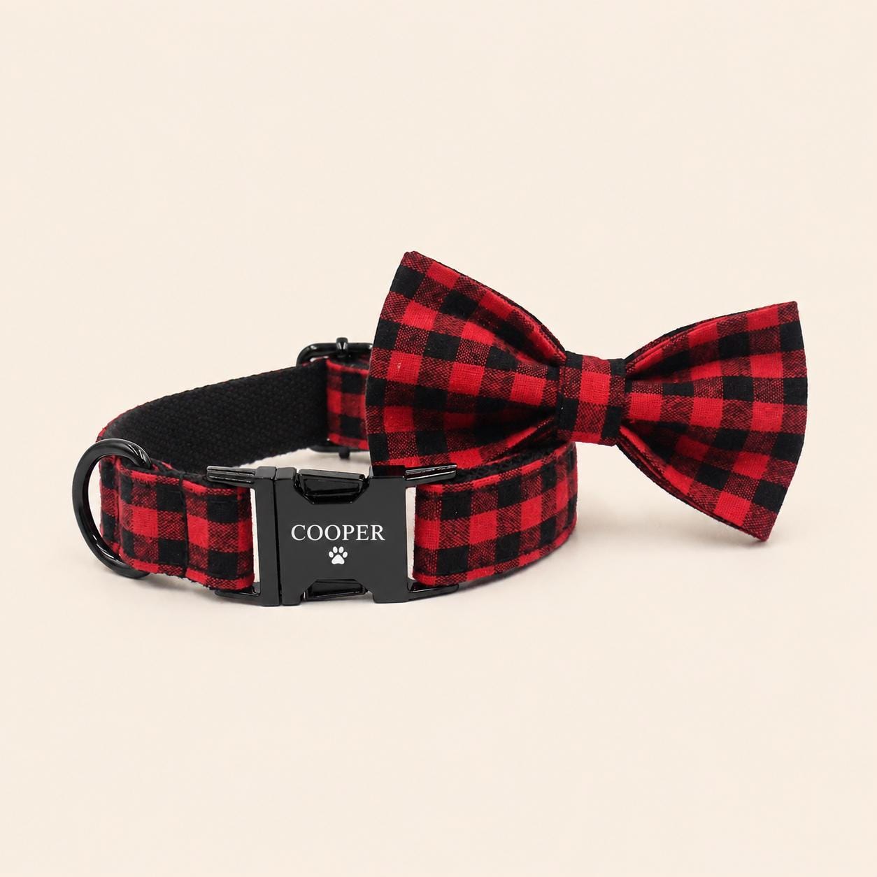 Buffalo Plaid Dog Harness Personalized, Custom Name Collar Leash Set, Red Black Check Walking Set, Different Combo