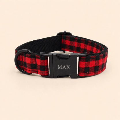 Buffalo Plaid Dog Harness Personalized, Custom Name Collar Leash Set, Red Black Check Walking Set, Different Combo