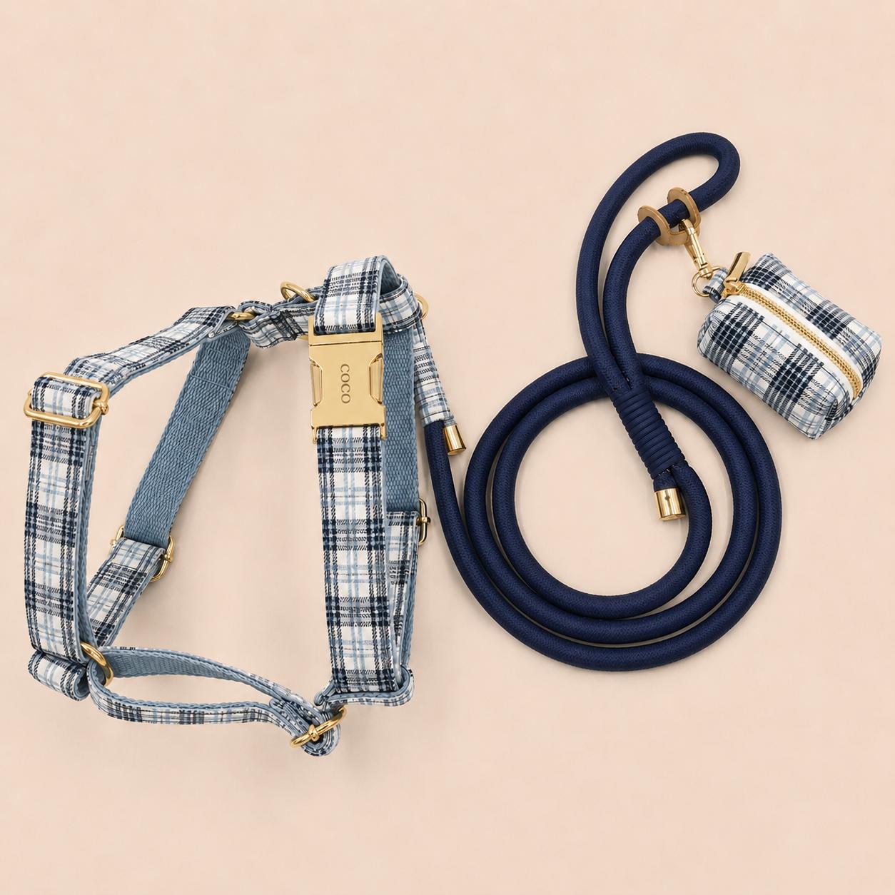 Personalized Blue Plaid Dog Harness, Optional Custom Name Collar Rope Leash Set, Tartan Check XS-XL