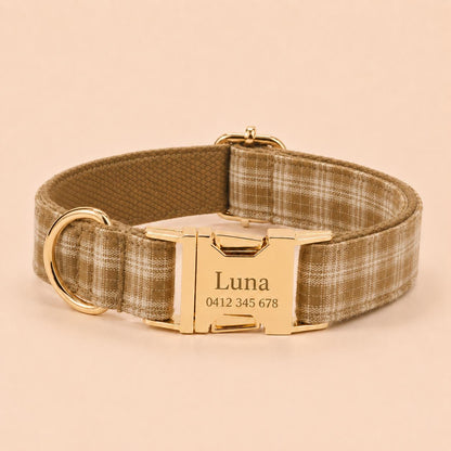 Khaki Tartan Dog Harness Optional Set, Personalised Plaid Collar Leash Bow | Engraved Gold Buckle Mix & Match XS S M L XL