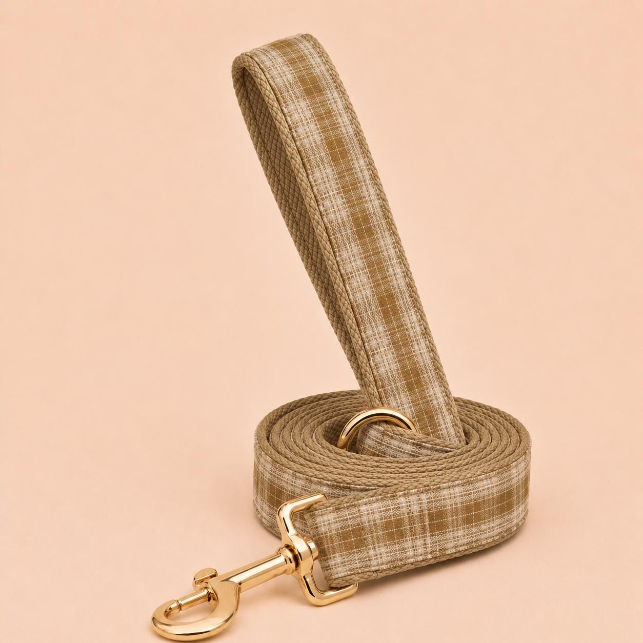 Khaki Tartan Dog Harness Optional Set, Personalised Plaid Collar Leash Bow | Engraved Gold Buckle Mix & Match XS S M L XL