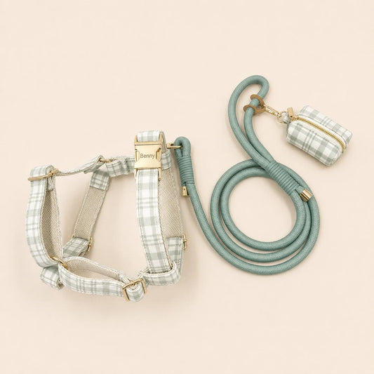 Personalized Sage Green Plaid Dog Harness Optional Set, Custom Name Collar Rope Leash, Tartan Check XS-XL