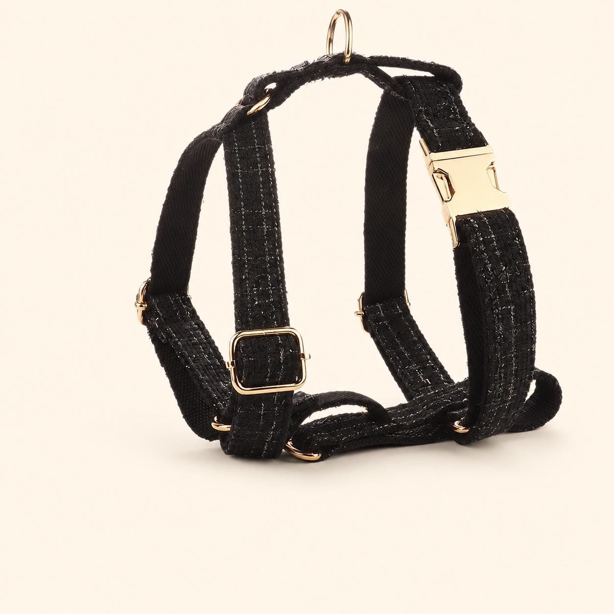 Black Tweed Dog Harness Set, Personalised Luxury Boucle Collar Leash Bow Tie | Engraved Gold Buckle Mix & Match XS S M L XL