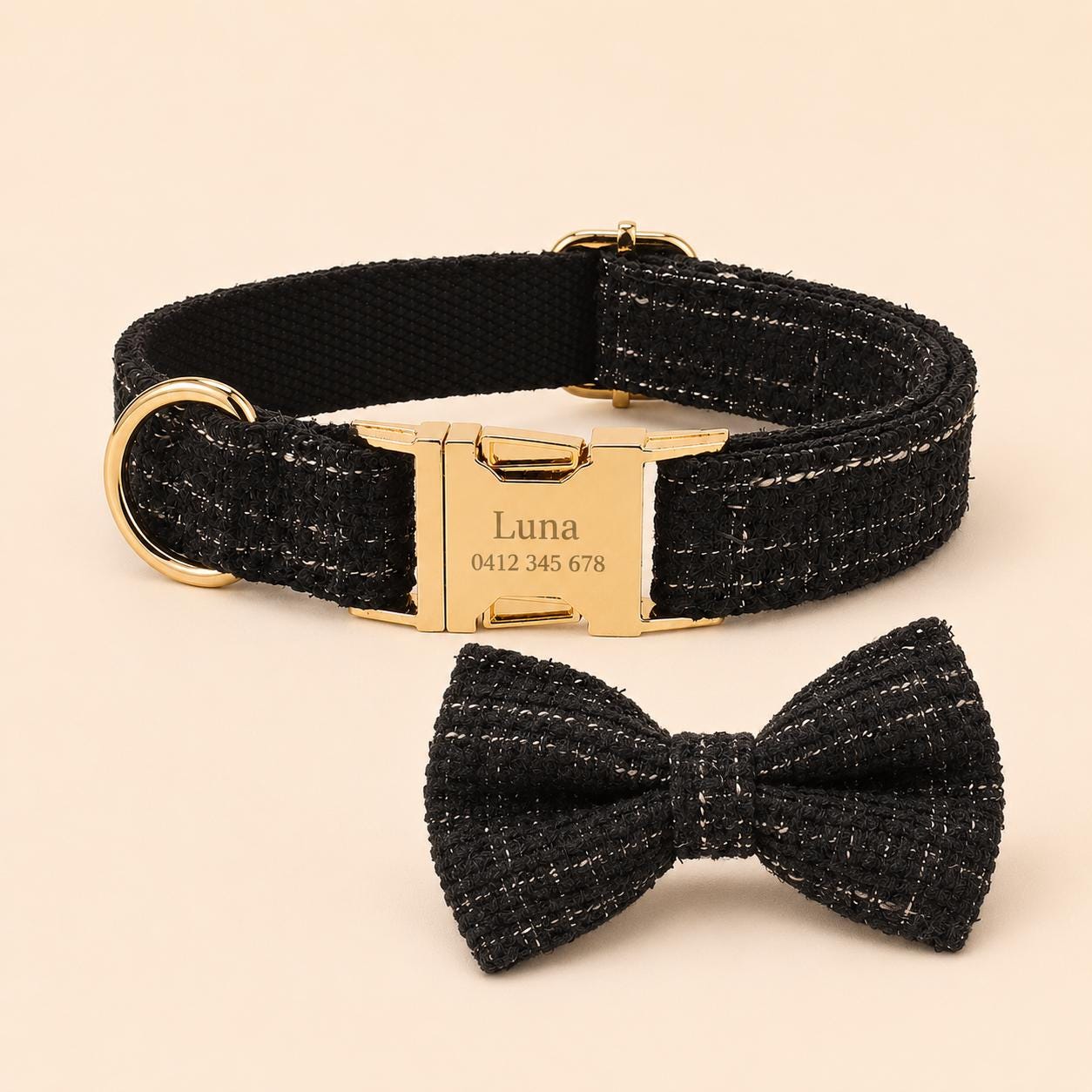 Black Tweed Dog Harness Set, Personalised Luxury Boucle Collar Leash Bow Tie | Engraved Gold Buckle Mix & Match XS S M L XL