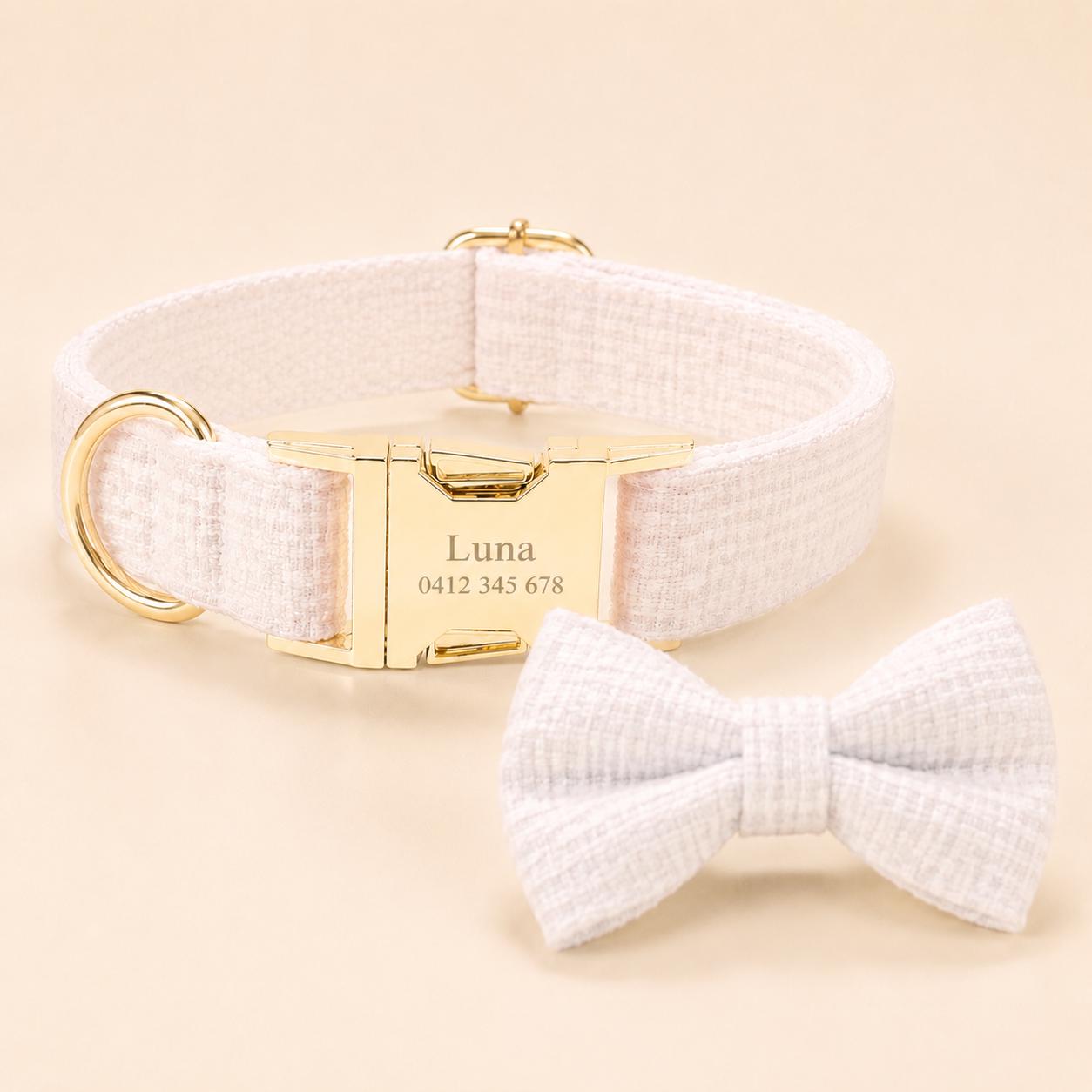 White Tweed Dog Harness Set, Personalised Luxury Boucle Collar Leash Bow Tie | Engraved Gold Buckle Mix & Match XS S M L XL