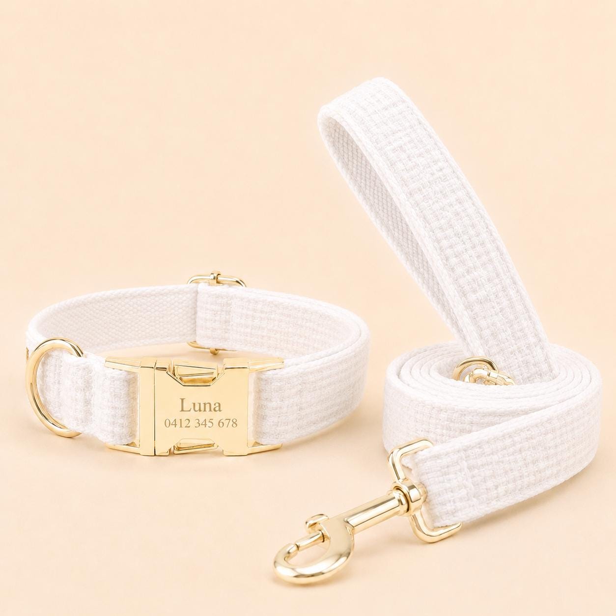 White Tweed Dog Harness Set, Personalised Luxury Boucle Collar Leash Bow Tie | Engraved Gold Buckle Mix & Match XS S M L XL