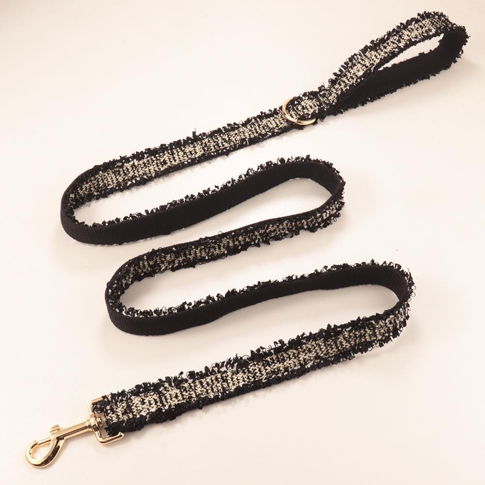Black Tweed Dog Harness Optional Leash Set with Frayed Trim, Personalised Chunky Boucle Collar | Engraved Gold Buckle XS S M L XL