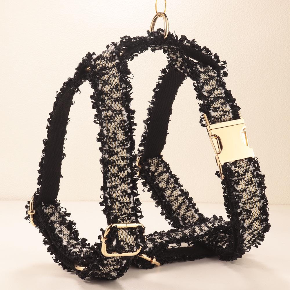 Black Tweed Dog Harness Optional Leash Set with Frayed Trim, Personalised Chunky Boucle Collar | Engraved Gold Buckle XS S M L XL