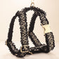 Black Tweed Dog Harness Optional Leash Set with Frayed Trim, Personalised Chunky Boucle Collar | Engraved Gold Buckle XS S M L XL