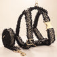 Black Tweed Dog Harness Optional Leash Set with Frayed Trim, Personalised Chunky Boucle Collar | Engraved Gold Buckle XS S M L XL