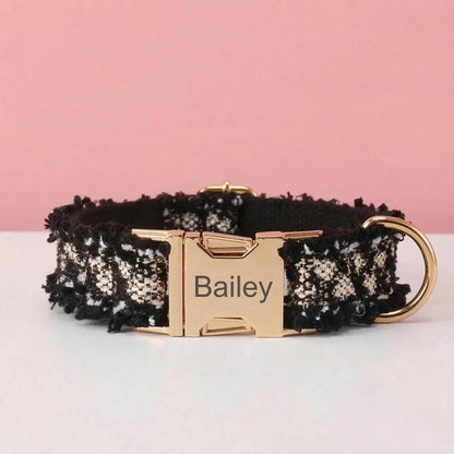Black Tweed Dog Harness Optional Leash Set with Frayed Trim, Personalised Chunky Boucle Collar | Engraved Gold Buckle XS S M L XL