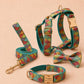 Green Japanese Wave Dog Harness, Custom Name Collar Optional Matching Leash Bow | Gold Buckle Mix & Match Set XS S M L XL