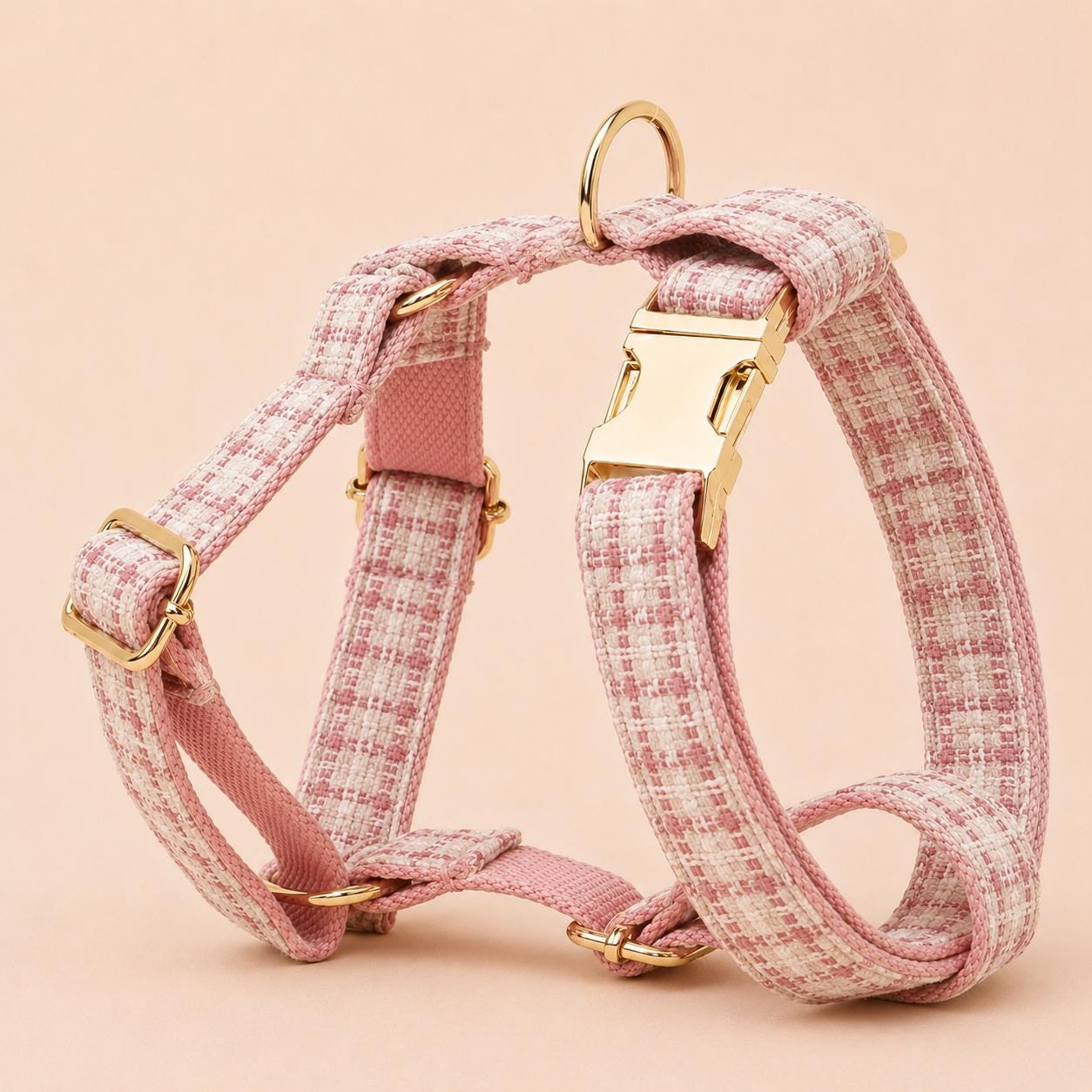 Pink Tweed Dog Harness, Personalised Name Collar Optional Matching Leash Bow | Gold Buckle Mix & Match Set XS S M L XL