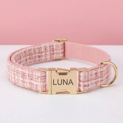 Pink Tweed Dog Harness, Personalised Name Collar Optional Matching Leash Bow | Gold Buckle Mix & Match Set XS S M L XL