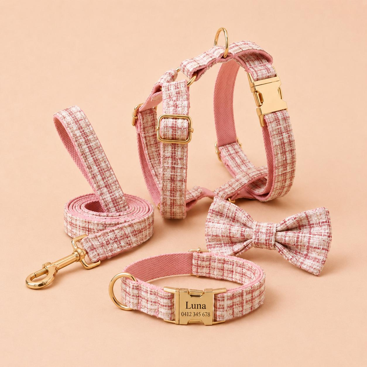 Pink Tweed Dog Harness, Personalised Name Collar Optional Matching Leash Bow | Gold Buckle Mix & Match Set XS S M L XL