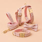 Pink Tweed Dog Harness, Personalised Name Collar Optional Matching Leash Bow | Gold Buckle Mix & Match Set XS S M L XL