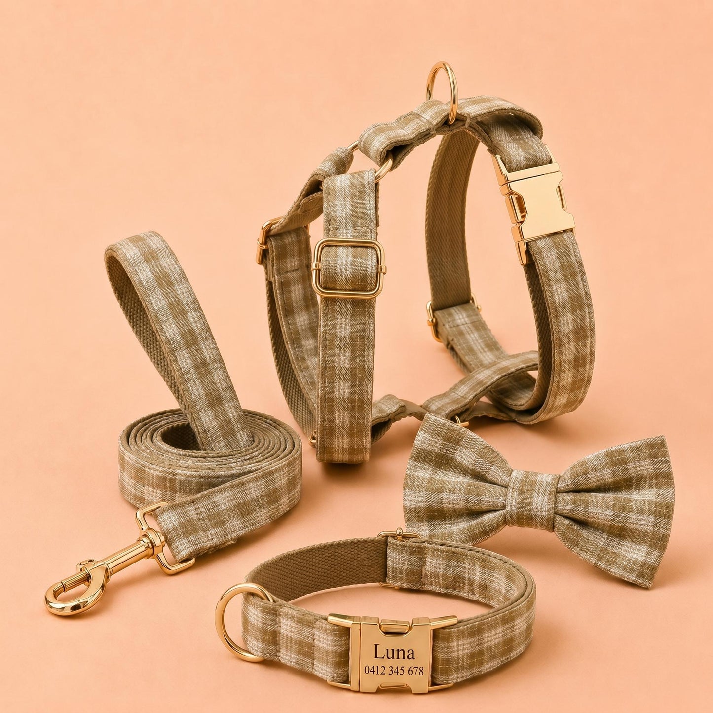 Khaki Tartan Dog Harness Optional Set, Personalised Plaid Collar Leash Bow | Engraved Gold Buckle Mix & Match XS S M L XL
