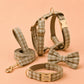 Khaki Tartan Dog Harness Optional Set, Personalised Plaid Collar Leash Bow | Engraved Gold Buckle Mix & Match XS S M L XL