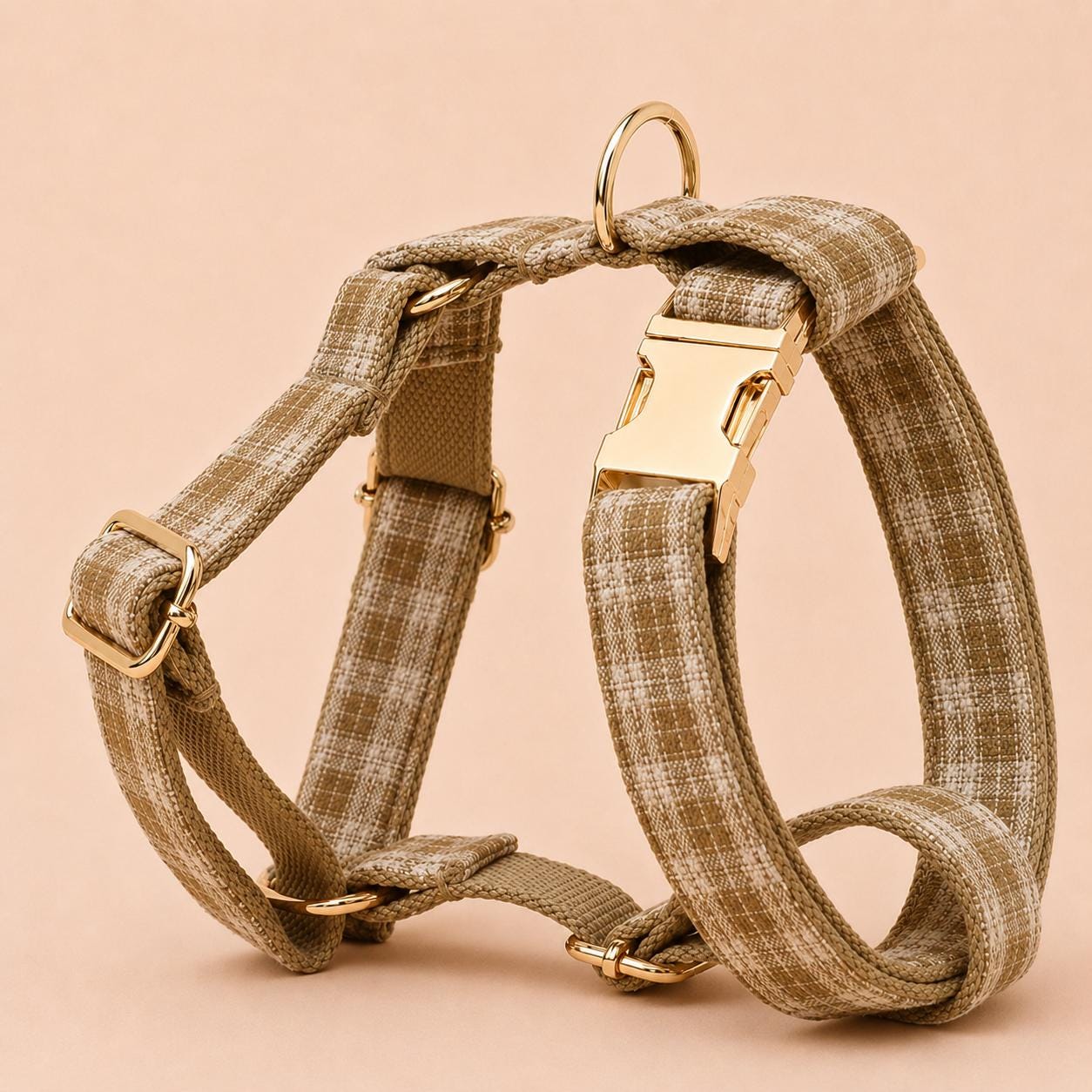 Khaki Tartan Dog Harness Optional Set, Personalised Plaid Collar Leash Bow | Engraved Gold Buckle Mix & Match XS S M L XL