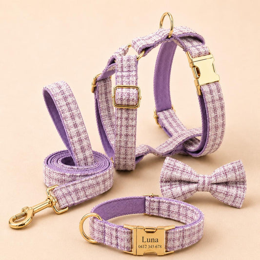 Lilac Tweed Dog Harness Set, Personalised Boucle Collar Leash Bow | Engraved Gold Buckle Mix & Match XS S M L XL