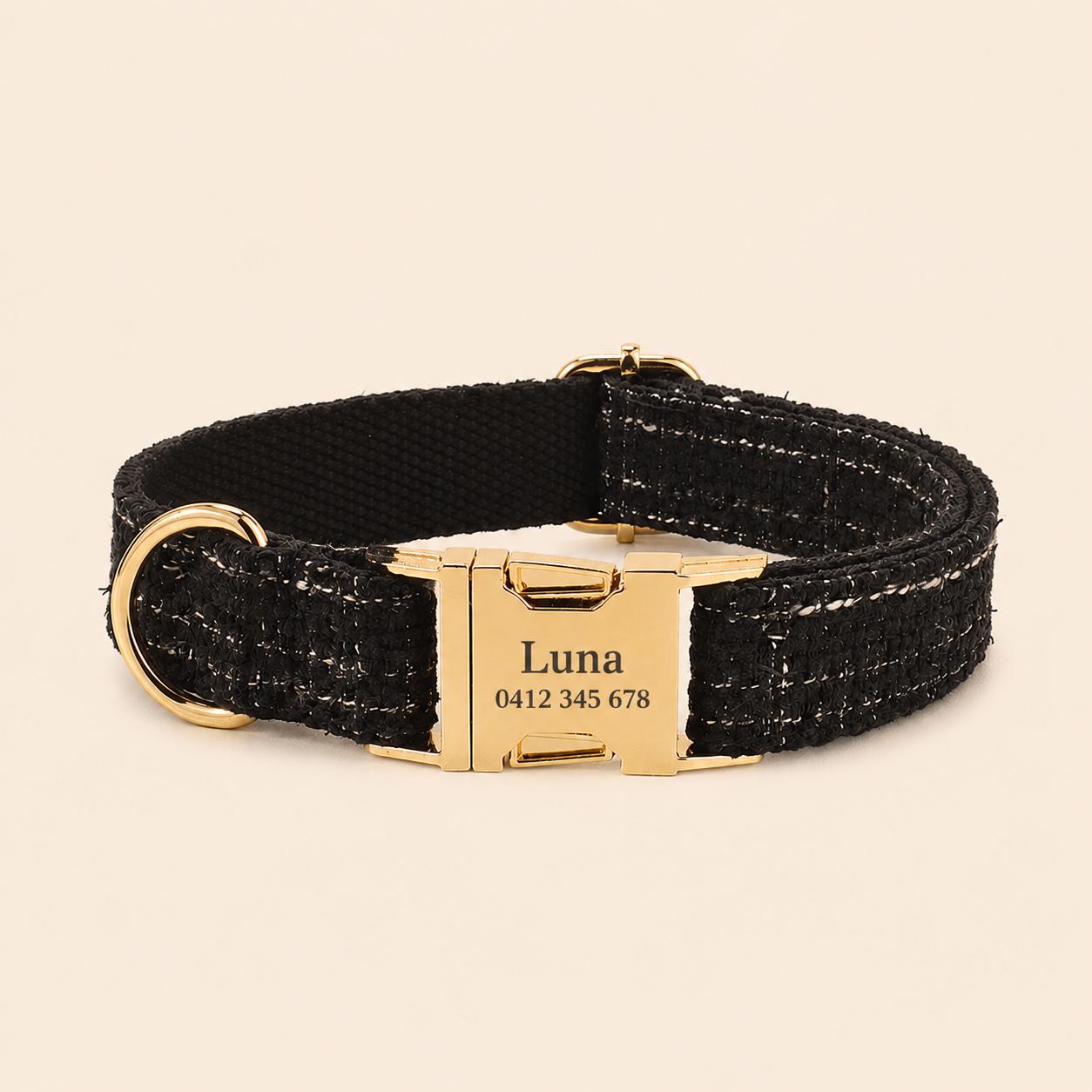 Black Tweed Dog Harness Set, Personalised Luxury Boucle Collar Leash Bow Tie | Engraved Gold Buckle Mix & Match XS S M L XL