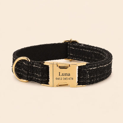 Black Tweed Dog Harness Set, Personalised Luxury Boucle Collar Leash Bow Tie | Engraved Gold Buckle Mix & Match XS S M L XL