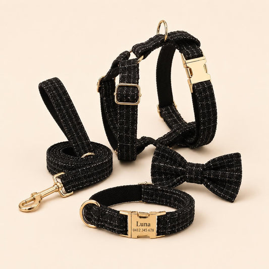 Black Tweed Dog Harness Set, Personalised Luxury Boucle Collar Leash Bow Tie | Engraved Gold Buckle Mix & Match XS S M L XL