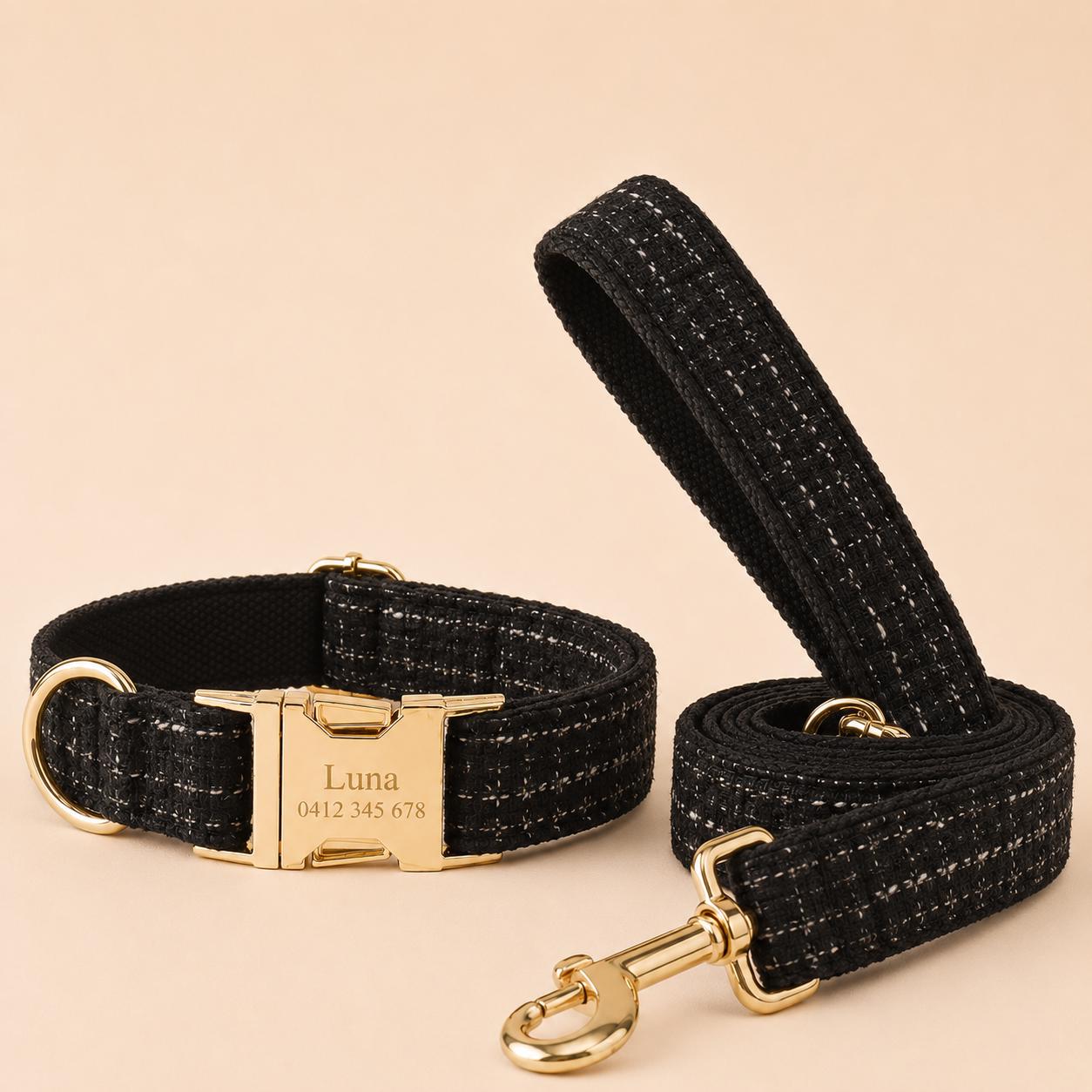 Black Tweed Dog Harness Set, Personalised Luxury Boucle Collar Leash Bow Tie | Engraved Gold Buckle Mix & Match XS S M L XL