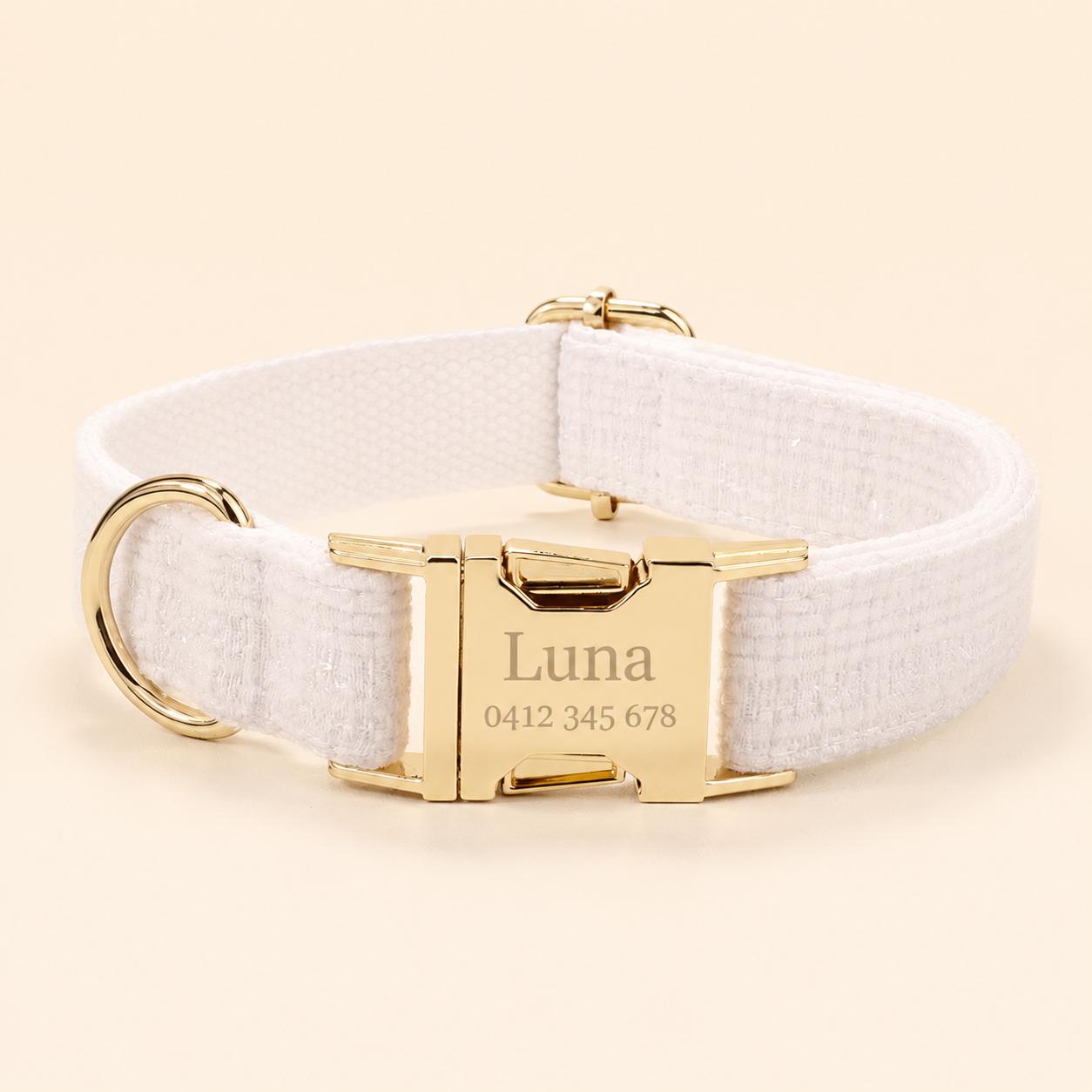 White Tweed Dog Harness Set, Personalised Luxury Boucle Collar Leash Bow Tie | Engraved Gold Buckle Mix & Match XS S M L XL