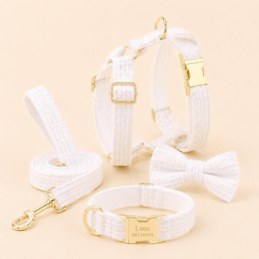 White Tweed Dog Harness Set, Personalised Luxury Boucle Collar Leash Bow Tie | Engraved Gold Buckle Mix & Match XS S M L XL