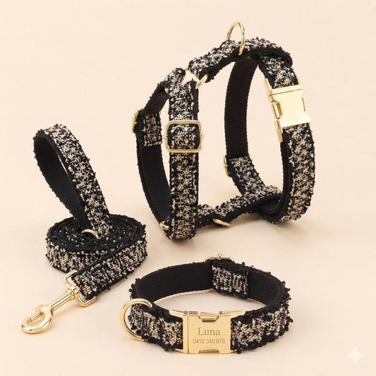 Black Tweed Dog Harness Optional Leash Set with Frayed Trim, Personalised Chunky Boucle Collar | Engraved Gold Buckle XS S M L XL