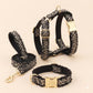 Black Tweed Dog Harness Optional Leash Set with Frayed Trim, Personalised Chunky Boucle Collar | Engraved Gold Buckle XS S M L XL