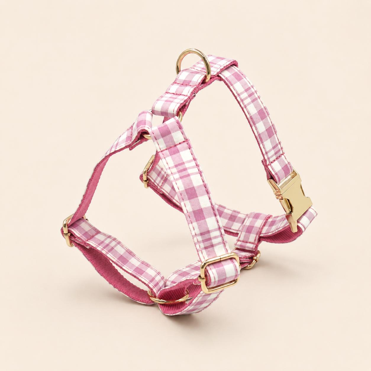 Personalized Pink Plaid Dog Harness Gift Set, Custom Name Collar & Rope Leash, Tartan Puppy Walking Set XS-XL